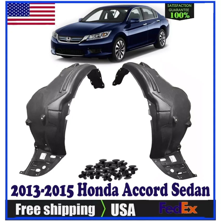 Front Fender Liner Set w/ Clips For 2013-2015 Honda Accord Sedan.